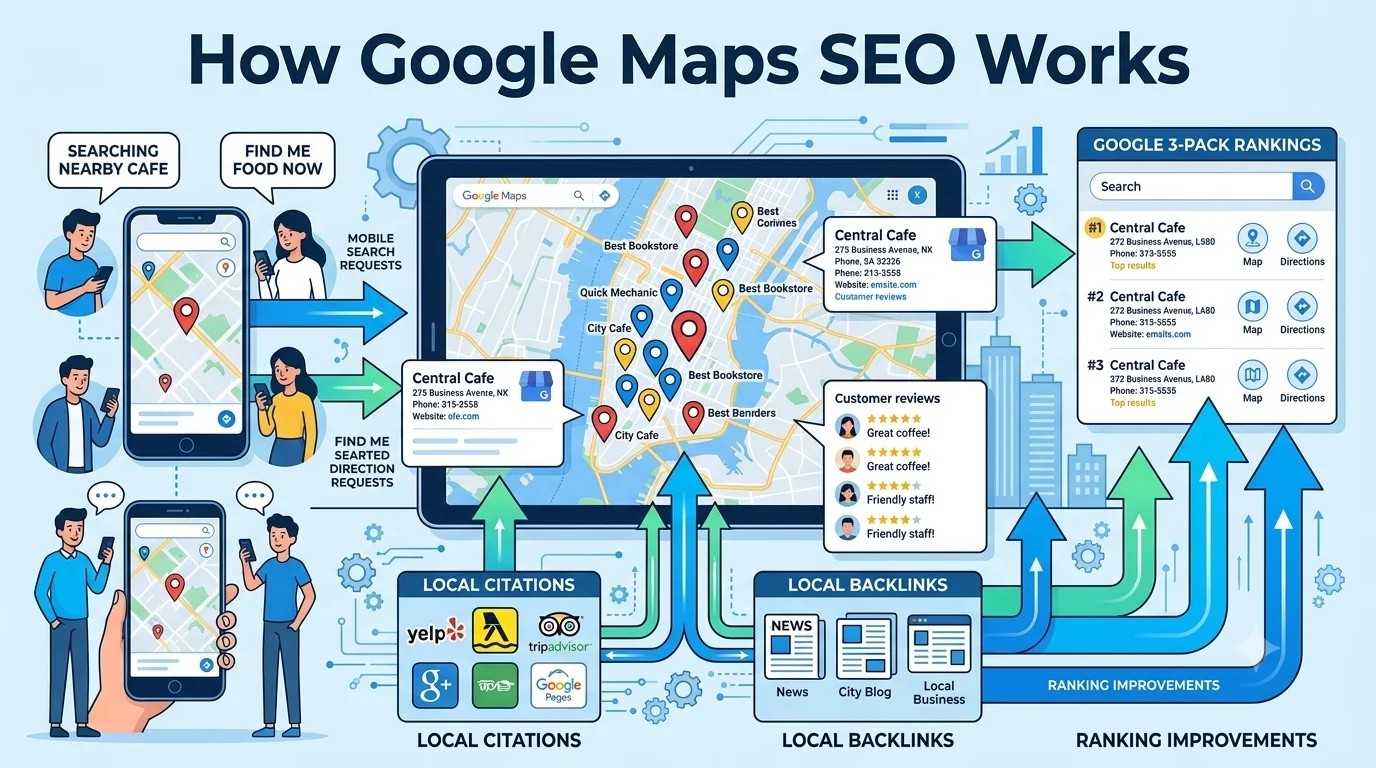 Illustration showing how Google Maps SEO works using Google Business Profile optimisation, customer reviews, local citations, backlinks, and Google Maps rankings.