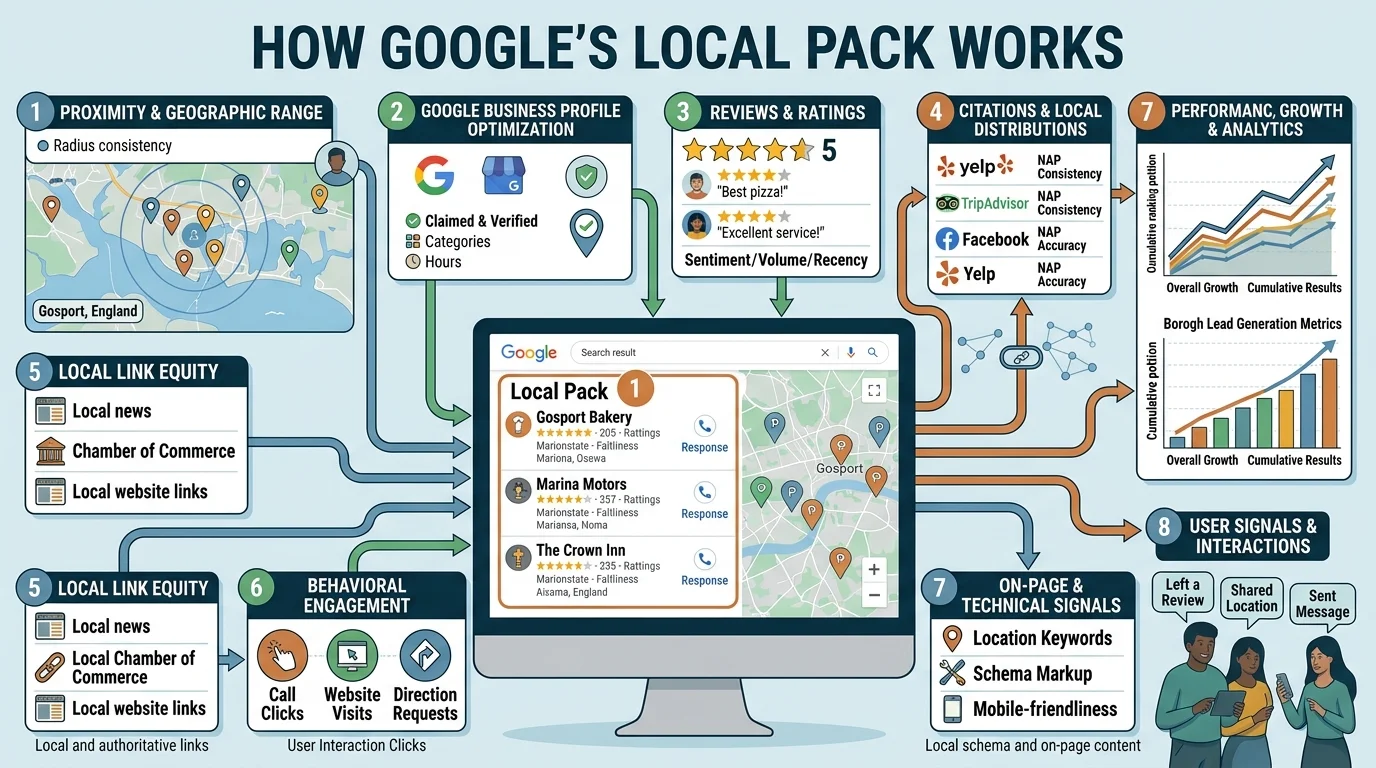 How Google's Local Pack Works showing Google Maps listings, business profiles, reviews and local rankings.