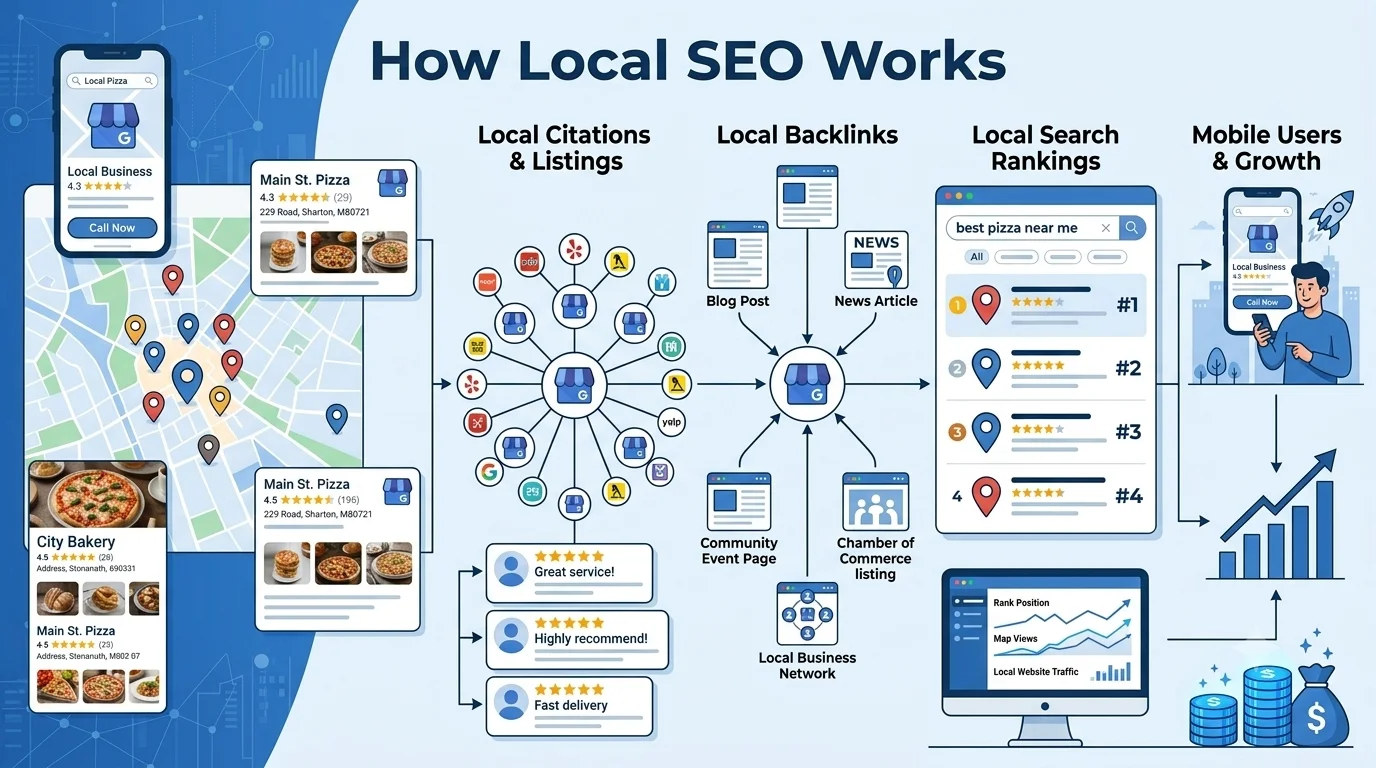 How Local SEO Works showing Google Maps rankings, local search signals and Google Business Profile optimisation.