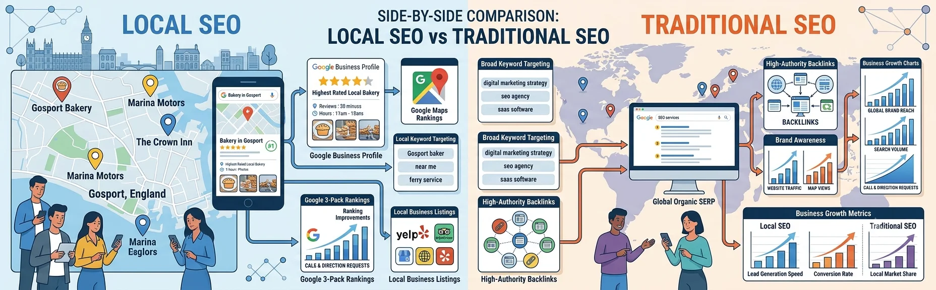 Local SEO vs Traditional SEO comparison showing local search rankings, Google Maps visibility and organic search performance.