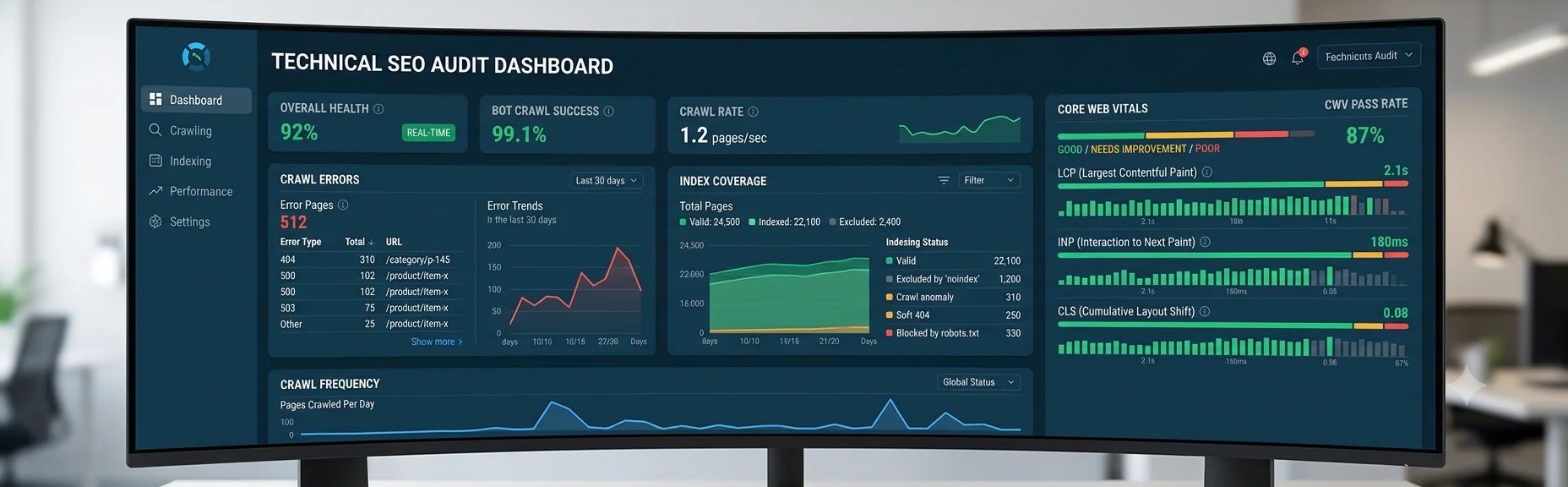 Technical SEO consultant performing a website audit using Screaming Frog and Google Search Console to improve crawlability, indexing and website performance.
