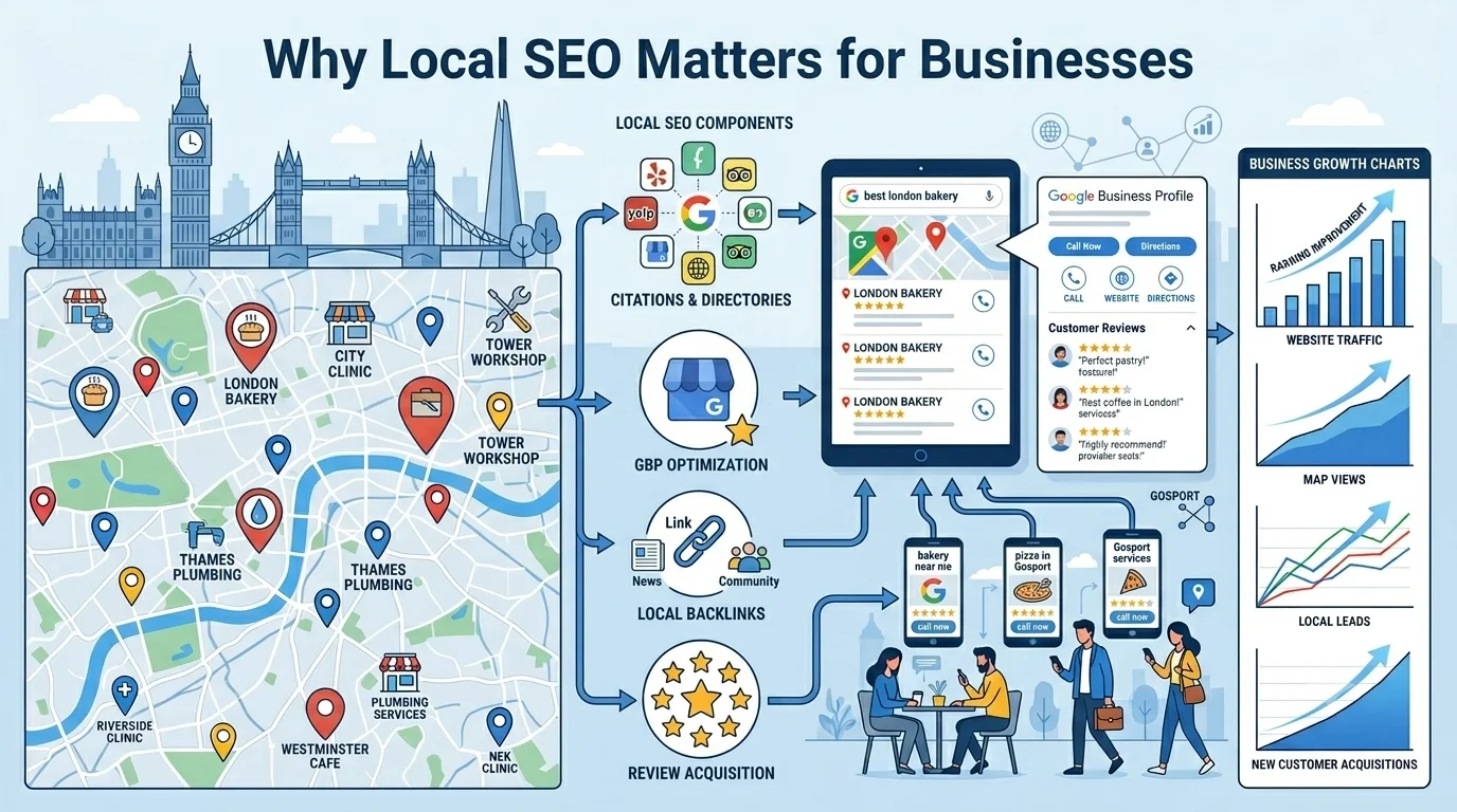 Why Local SEO Matters for London Businesses with Google Maps rankings, local search visibility, and customer growth opportunities.