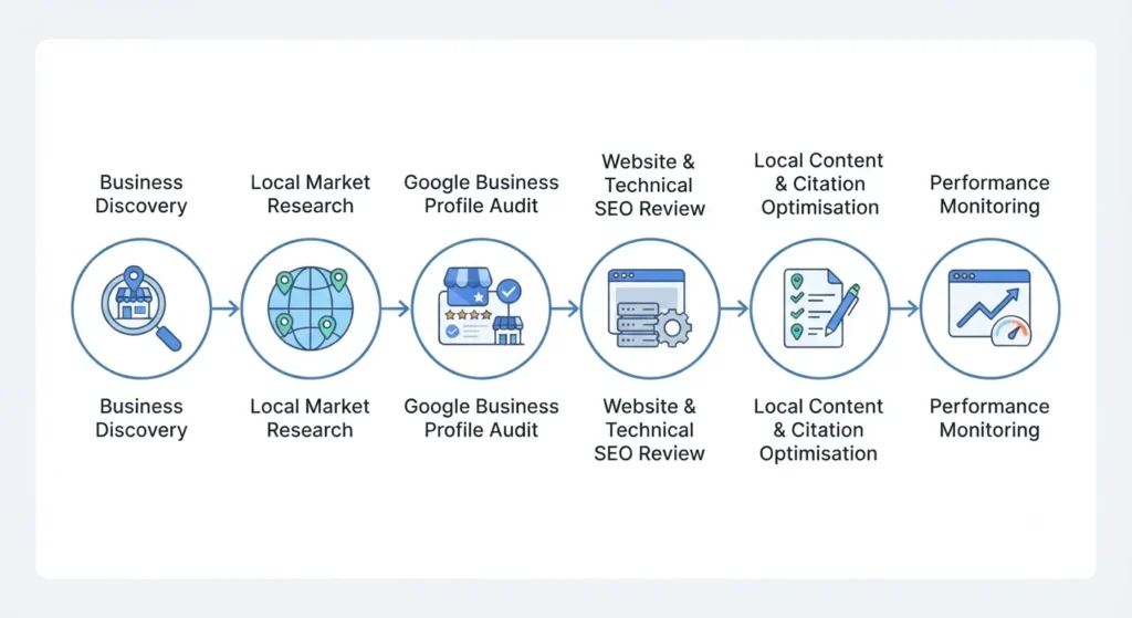 Local SEO framework showing business research, Google Business Profile optimisation and performance monitoring.