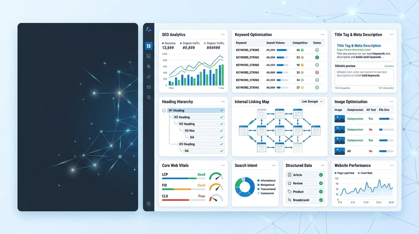 On-page SEO dashboard showing title tag optimisation, heading structure, search intent analysis, internal linking and website performance metrics.