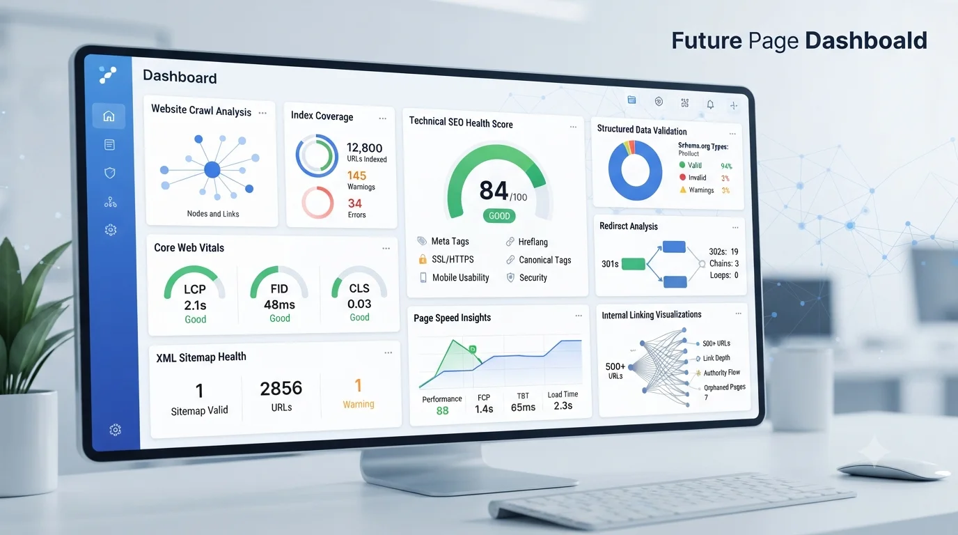 SEO audit dashboard showing website crawl analysis, Core Web Vitals, index coverage and technical SEO performance metrics.